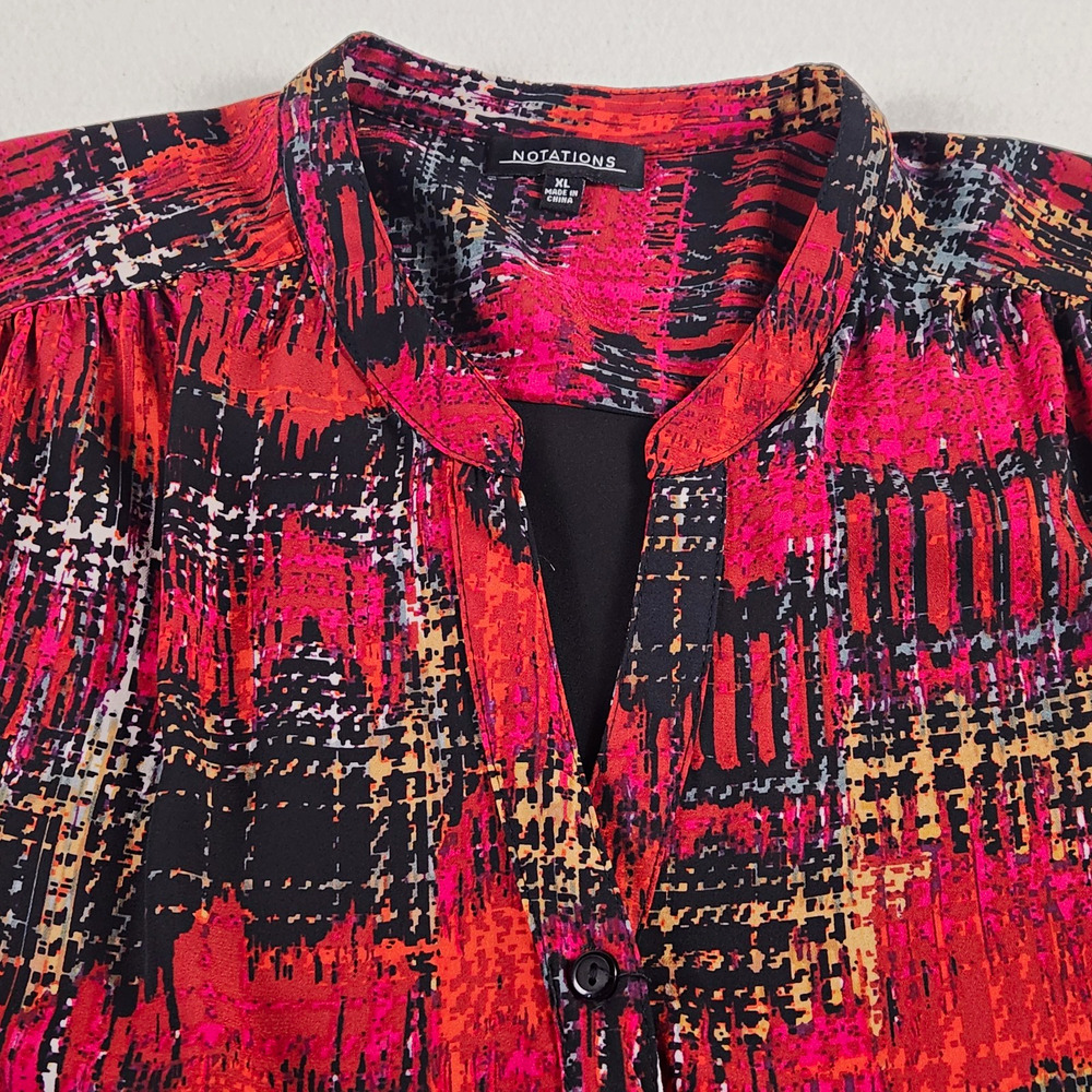 Women's Holiday Red Abstract Band Collar 3/4 Sleeve Button-Up XL